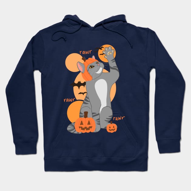 HALLOWEEN PUMPKIN GRAY CAT Hoodie by ulricartistic